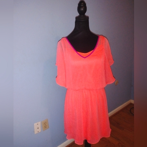 Source Unknown Dresses & Skirts - 🧡🩷 EUC Neon Orange Pink Coral Sheer Dress Juniors Girls Large Flowy Light